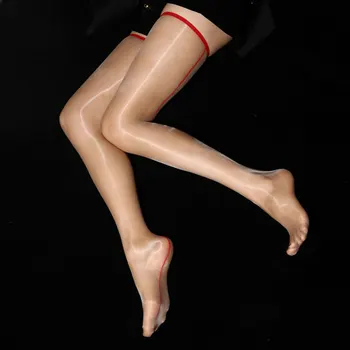 1D Секси Маслени Блестящи Чорапи с Отворен Гръб, Прозрачни Мрачни Високи Чорапи, Прозрачни Чорапи с червена линия на Бедрата, Обтягивающее Бельо
