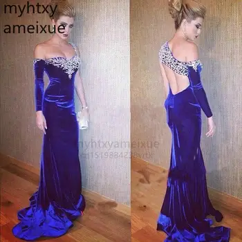 2023 Кралско синьо Бархатное Секси Вечерна Рокля в арабския Дубайском стил с дълги ръкави, Вечерна рокля за бала, сшитое на поръчката, Плюс размер