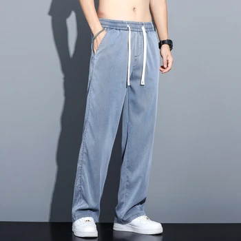 2023 Летни Меки мъжки дънки, Тънки преки Свободни панталони с еластичен ластик на талията, Корейски, ежедневни панталони, Плюс размер M-5XL