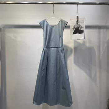 2023 ново дамско модно рокля с кръгло деколте без ръкави, независимо каишка на гърба, страничните невидим джоб, с една дума, рокля с голяма пола 0710