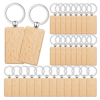 50 Броя Празна дървена етикети за ключове, Заготовки за гравиране на ключове, Недовършена, дървен ключодържател, пръстен за ключове, етикети за ключове за diy, Правоъгълник