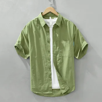 8873 Лятна Мода памучен Мъжка риза С къс ръкав, однотонная Проста Свободна Ежедневна блуза за тийнейджъри, Японски Свеж стил, Мек и Уютен топ