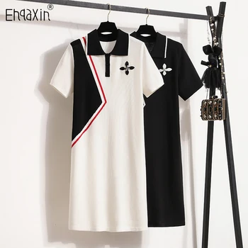 EHQAXIN 2023 Лятото Ново Женствена рокля, Модни Корейски Разнообразни Ежедневни Възли Рокли с контрастиращи поставяне и къс ръкав, Женски M-4XL