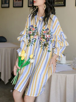 Korobov Празнична рокля-риза с бродирани Принтом, Свободни Рокли, Дамски топ в Нерегулярную ивица, Корейската мода, Vestidos Para Mujer