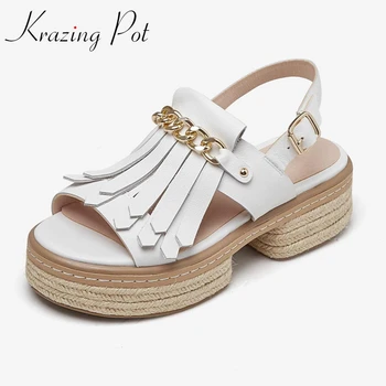 Krazing Pot/ Летни Обувки на Платформа от естествена Кожа, с отворени Пръсти, Слама Обувки на Висок Ток с Четки и Метални веригата, Модни Обикновен дамски Сандали L7f6