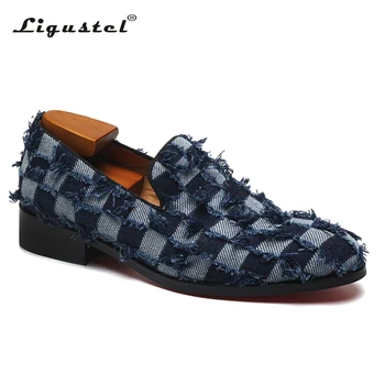 Ligustel/Мъжки Обувки, Модни Дизайнерски Ежедневни обувки, изработени от Деним, Мъжки Официални Лоферы с червена подметка, Сини Обувки за Мъже с Безплатна Доставка