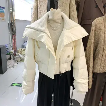 MJKBH 2023, Зимно Вязаное палто с голям ревера Свободното си топло палто за почивка, пуховик на бял утином топола, Късо палто за жените, Ежедневно