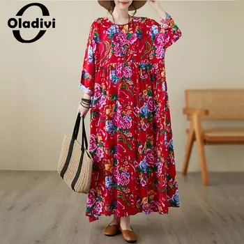 Oladivi/ по-Големи Размери, Модерен рокля Оверсайз с дълъг ръкав и цветна принтом, дамски Пролетно-Есенни Ежедневните Свободни Дълги рокли 6XL 5013