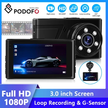 Podofo Авто dvr Камера Видео за обратно виждане с двоен обектив 1080P HD 3.0 Екран Цикличен и огледален Видео TF карта видеорекордер