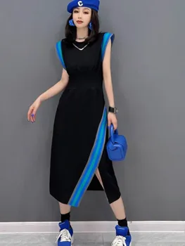 URIOR 2023, Есен Ново Еластично Свободно Рокля с V-образно деколте и малко фрагментирана цветен Модел на талията, Универсална модни дамски дрехи