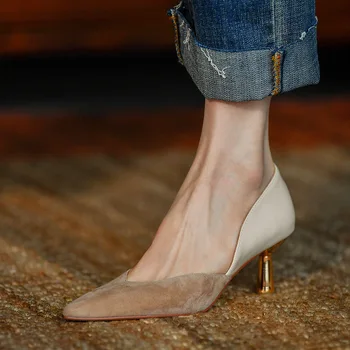 Дамски обувки с остри пръсти, Пикантни женски обувки на тънък ток J-E91, подходящи по цвят, на висок ток