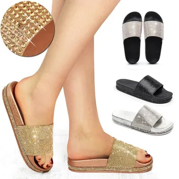 Дамски обувки, Улични Плажни чехли, Летни 2023, Дамски Ежедневни Чехли на равна подметка С кристали, Луксозни Лъскави обувки на платформа