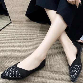 Дамски обувки; Лидер на продажбите 2023 г.; Пролетно-есенен дамски обувки на равна подметка; обикновена обувки с остър пръсти и пайети; Zapatillas De Mujer