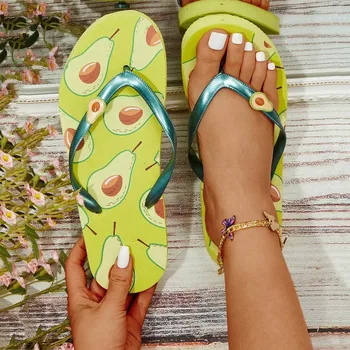 Дамски чехли с шарени авокадо, ежедневни модни летни плажни обувки, Красиви и Удобни чехли на равна подметка, всеки ден на улицата сандали и джапанки