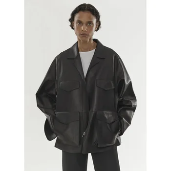 Дамско палто 2023 Есен-зима, Свободна Ежедневни яке от изкуствена кожа с отложным яка