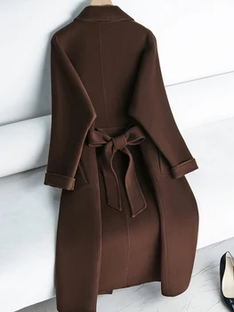 Двустранно кашемировое Дамско палто със Средна дължина, Кафе цвят, двубортное вълна палто с високо качество