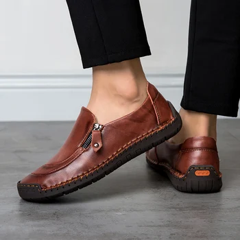 Ежедневни обувки с страничния цип на британския стил, мъжки модел обувки от естествена кожа, Големи, мъжки лоферы ръчно изработени, мокасини