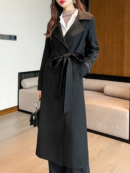 Есен 2023, Нова мода, висококачествена черна ветровка в стил Хебен, дамско пролетно-есенни палта със средна дължина до коляното