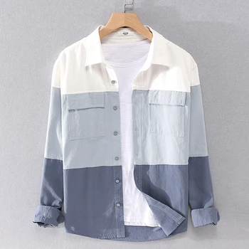 Есенна деним риза 2023 Година, Ново Модно едно просто палто от чист памук в японски Гонконгском стил, ежедневни риза с дълъг ръкав, мъжки инчов риза