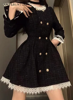 Есенно-зимния Черно плиссированное рокля миди с листа на лотос, дебнещ кръста, Дантелено Расклешенное рокля midi Принцеса с дълъг ръкав за жени