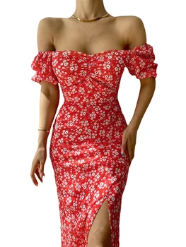 Жена дебнещ рокля с открити рамене, Къс ръкав, Цветен принт, Вечерна рокля с цепка отпред на бедрата, Плажно облекло (Розов L)