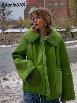 Зеленото палто в стил мозайка с джобове и копчета от изкуствена КОЖА, Зимно Палто с отложным яка и дълъг ръкав, Дамски Есенна мода, Градинска дрехи, Дамско палто