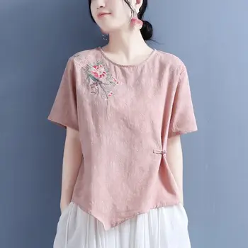 китайска реколта блуза 2023, върхове hanfu, традиционна етническа памучен бельо жаккардовая блуза с кръгло деколте, блуза с национална бродерия на цветя