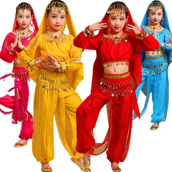 Комплект костюми за танци за момичета, детски дрехи за изпълнения с индийски танци, Детски танцов костюм за конкурса за Танци за момичета в Египет
