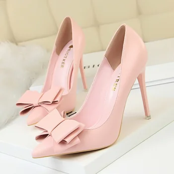 Корейски обувки-лодка с бантиком, дамски обувки на висок ток 2023, есенни модни дамски обувки на висок ток с остър пръсти, класически сватбени модела обувки, обувки