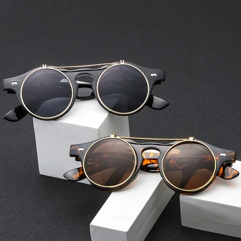Кръгли очила в стил steampunk, женски, мъжки, с откидывающимися лещи, Реколта маркови дизайнерски дамски слънчеви очила в Ретро стил UV400 gafas de sol mujer