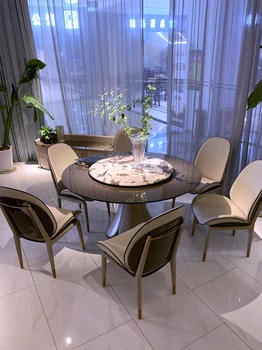 Лесен луксозна кръгла маса от масивно дърво, Модерен дом, маса за хранене с превръщането на масата, съчетание на мраморно италианска маса за хранене и столове