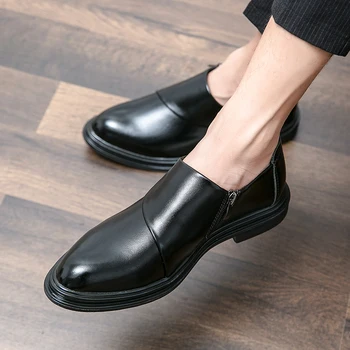 Мода модел обувки със страничен цип, мъжки ежедневни обувки 2023, универсални клубни обувки с остри пръсти, Кожа удобни мъжки обувки бизнес