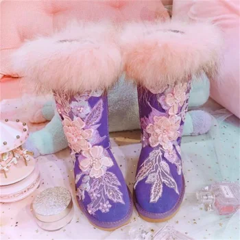 Модерни бродерии от ръчно изработени дантелени цветя, японска сладка мечта, лилави дамски памучен обувки на плоска подметка с висока кожа на миеща мечка, зимни обувки