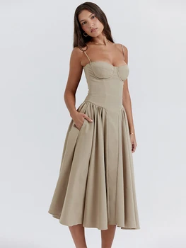 Модни дамски Секси рокли в подтяжках трапецовидна форма, с ниско деколте, Елегантен плиссированное рокля midi 2023, Годишен женски случайни вечерен халат