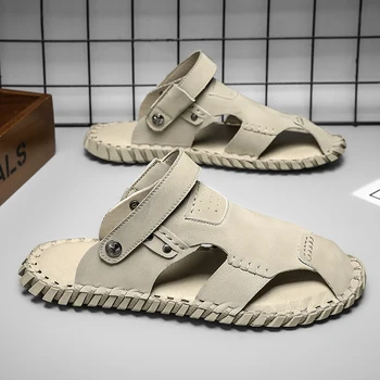 Мъжки ежедневни летни обувки с изрезки 2023, Кожени плажни стръмни сандали, Модерни Удобни мъжки чехли изработени ръчно, мъжки обувки на плоска подметка