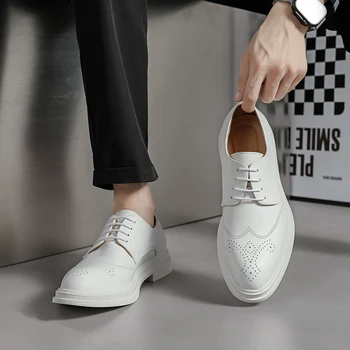 Мъжки обувки oxfords дантела, Луксозни ежедневните си бели кожени модел обувки за почивка, Комфортна модельная ръчно изработени обувки, тенденция обувки за сватбени партита