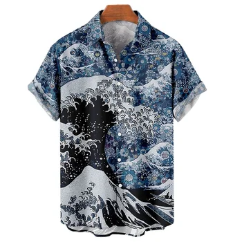 Мъжки Хавайски ризи с къси ръкави и 3D принтом, ежедневни блузи в плажен стил с ревери, Внос дрехи в стил ретро-вълна