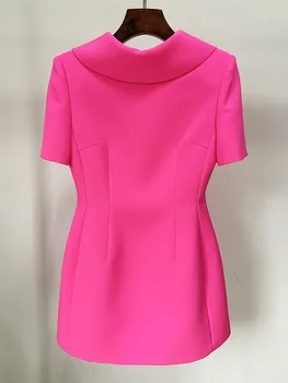 Най-новата мода 2023, Дизайнерско Женствена рокля Eleagnt с къс ръкав и V-образно лък отзад, Ярко розово