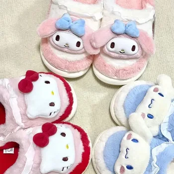 Нови Дамски Памучни чехли Sanrio Kuromi на Hello Kitty на дебела подметка, домашни Сладки зимни топли чехли Cinnamoroll с Анимационни герои