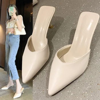 Обувки жена 2023 долния капак мед пръсти тънки токчета на дамски чехли, луксозни пързалки нови посочи дизайнер Рим ПУ основните гумена тъкан, FAS