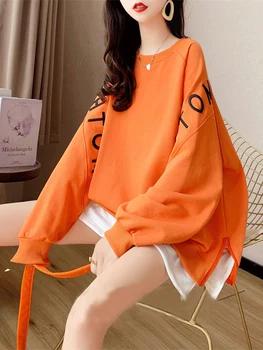 Оранжевата Свободна hoody с кръгло деколте за жени 2023, Есенни блузи с дълги ръкави и цепка отстрани, пуловери с писмото принтом, качулки Оверсайз
