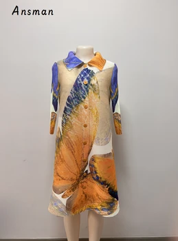 Плиссированное рокля с принтом Ansman Miyake За женски рокли, Однобортные Свободни рокли с ревери, Дамски Реколта дрехи 2023, Лятна новост