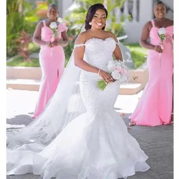 Плюс Размер Crystal с открити рамене Сватбени рокли на Русалка Сватбени рокли Реколта тюлевые дантелени апликации Държава Африка 2023