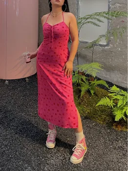 Ретро Розово-червена рокля-комбинация, секси лятна рокля с големи разпокъсани цветисти принтом, Нови дебнещ вечерни рокли, Рокли за Макси жени