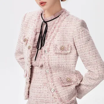 Розова твидовая яке, професионална пролет-есен дамско яке, бизнес жена цельнокроеная класическа яке