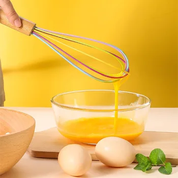 Силиконовата Взбивалка за яйца, 10-инчов дървена дръжка, ръчно Взбивалка за сметана и тесто, инструмент за печене, Кухненски притурка
