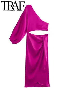 ТРАФИКА на 2023 Женското Сексуално Отворено Атласное Асиметрична Дълга рокля Миди С открити рамене, Дълги Рокли с изрезки, Годишна Дама с един ръкав