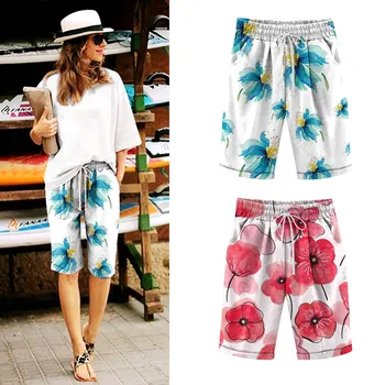 Хавайски плажно облекло, бански, шорти с флорални принтом Плажни панталони с еластичен ластик на кръста, къси панталони дантела За жени, плажни панталони, съоръжения Cortos