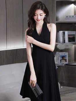 Черно малка вечерна рокля, жените могат да носят атласное къса рокля в стила на един банкет, лесно лукс, ниша, от висок клас