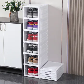 Штабелируемая удебелена кутия за обувки, Прозрачна и многопластова кутия за съхранение, Лесна начална стойка за обувки, сгъваем Пластмасов шкаф за обувки с капак